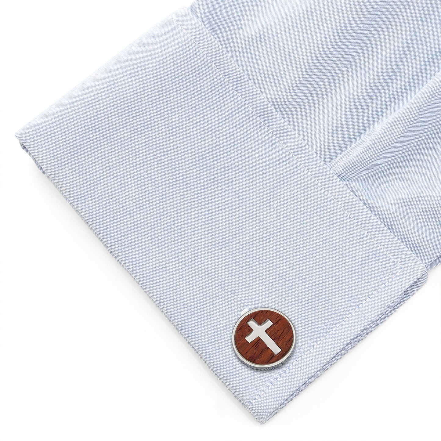 Cross Round Wood Stainless Steel Cufflinks Image 3