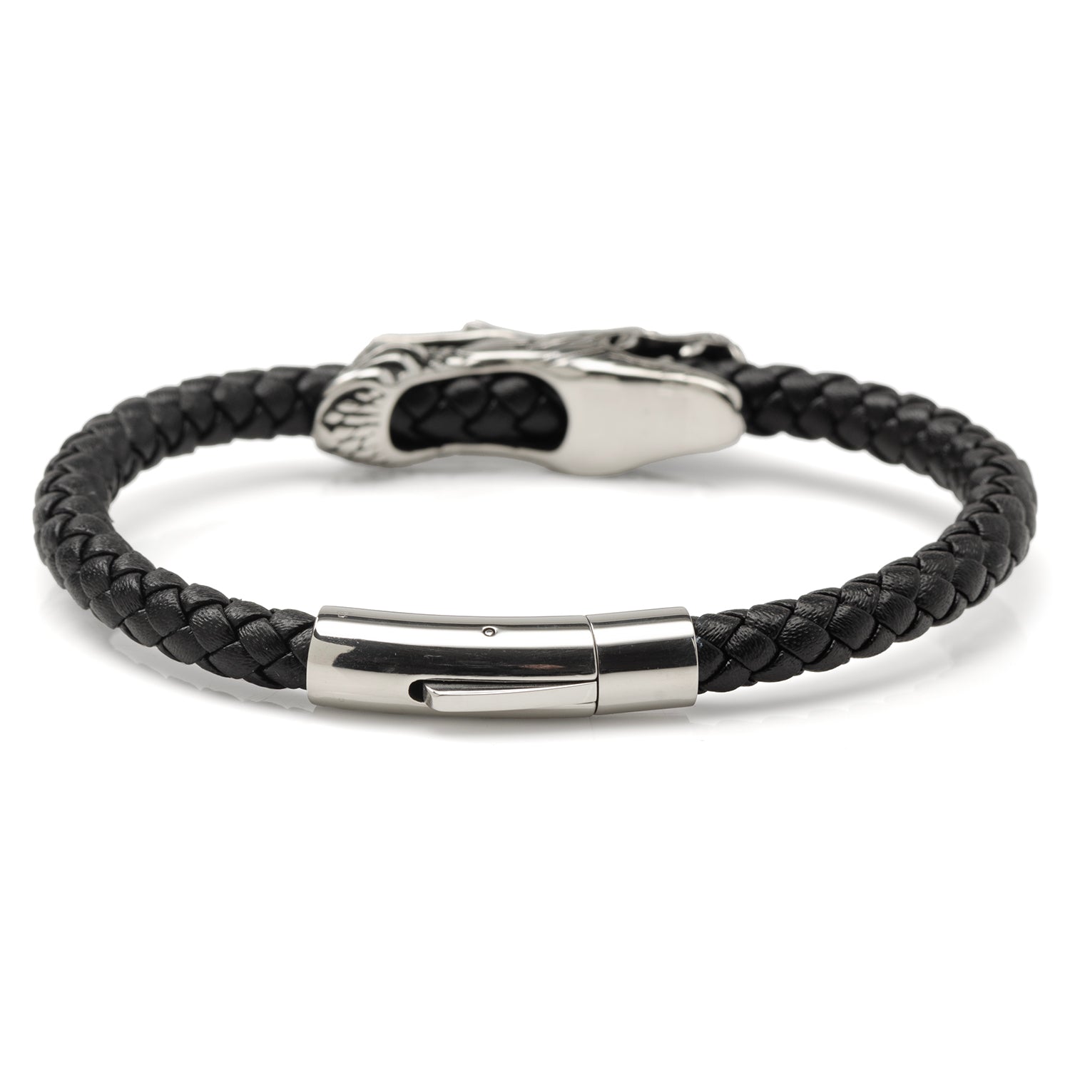 Dragon Head Braided Black Leather Bracelet with Magnetic Closure Image 2