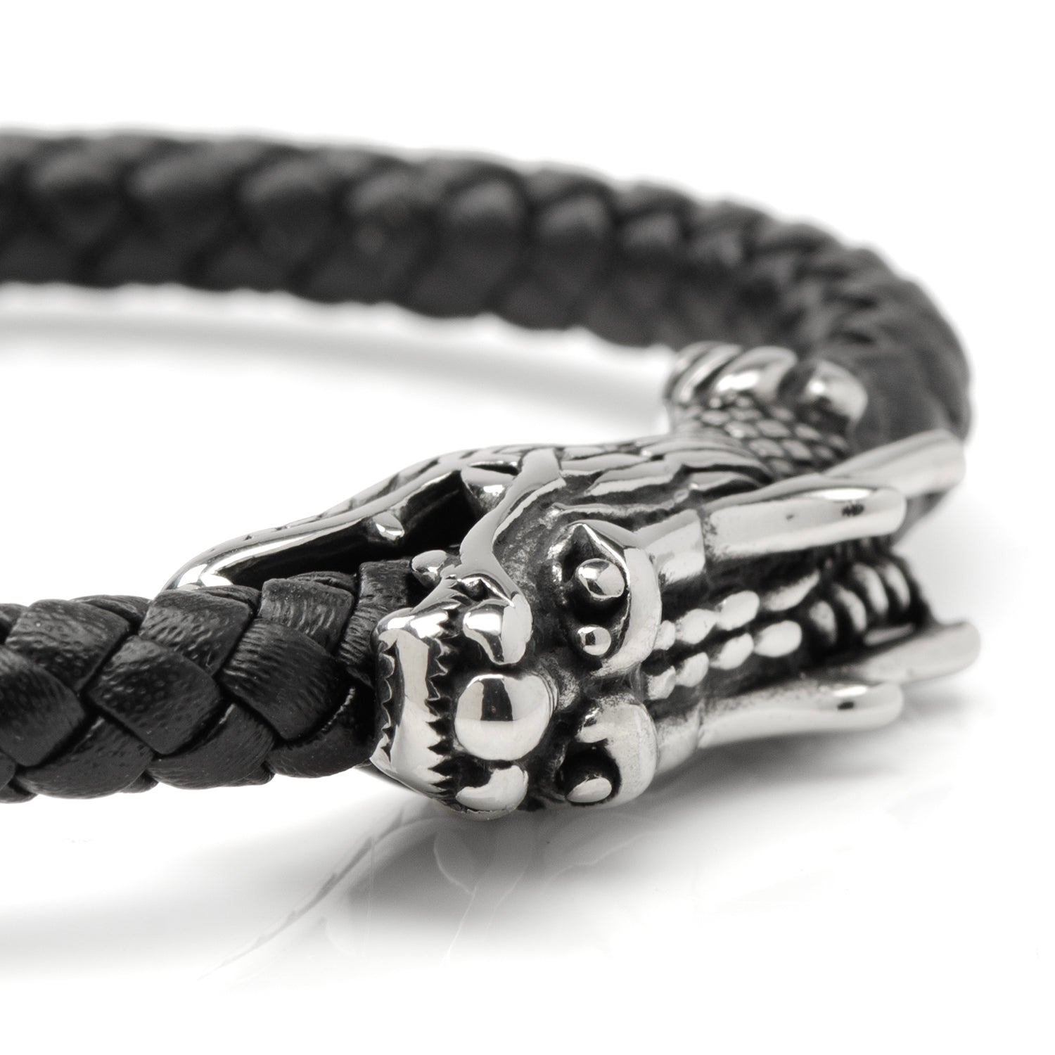 Dragon Head Braided Black Leather Bracelet with Magnetic Closure Image 6