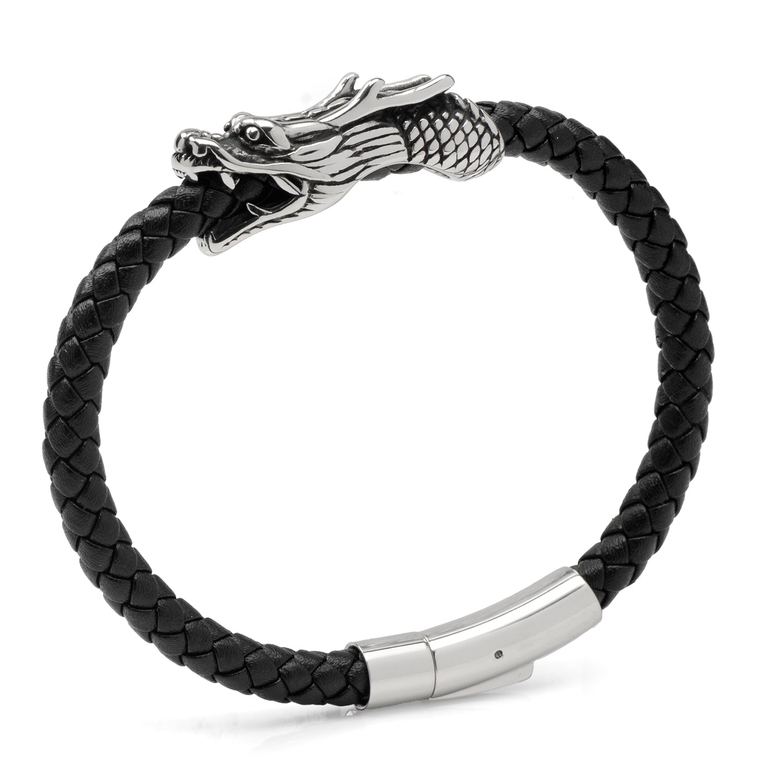 Dragon Head Braided Black Leather Bracelet with Magnetic Closure Image 1