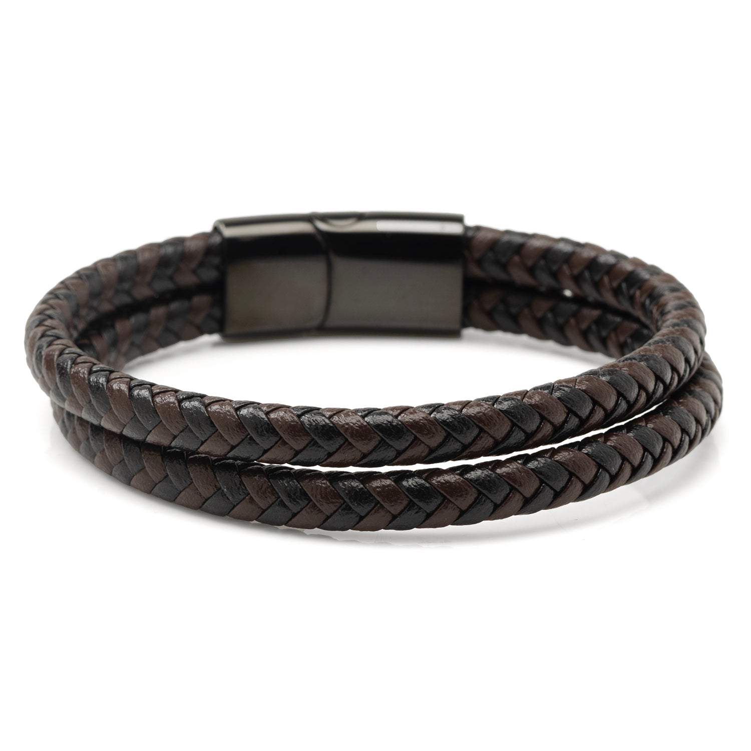 Black and Brown Braided Leather Bracelet with Gunmetal Stainless Steel Magnetic Clasp Image 2