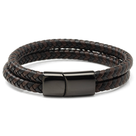 Black and Brown Braided Leather Bracelet with Gunmetal Stainless Steel Magnetic Clasp Image 1