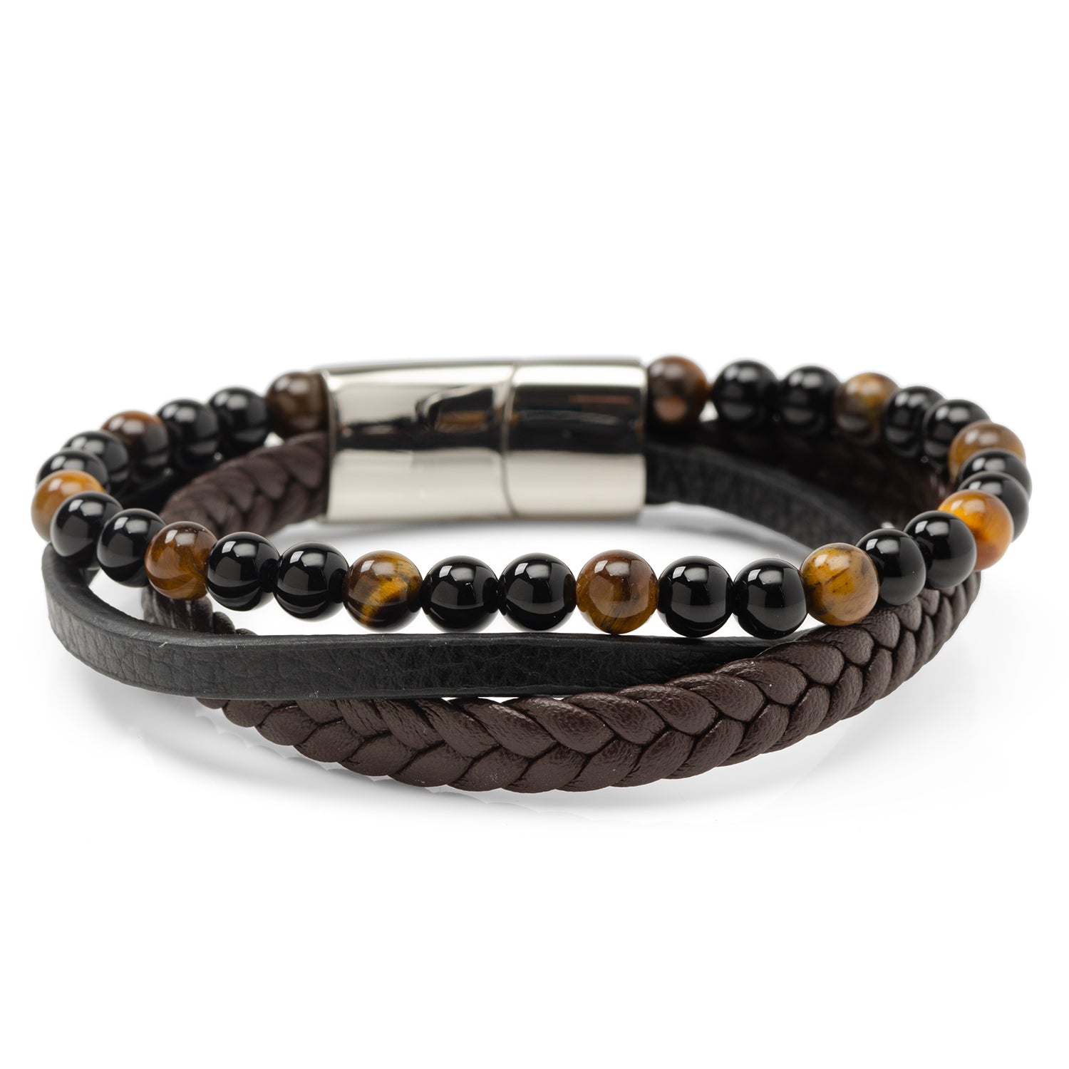Stainless Steel Stacked Brown Leather Bracelet with Tigers Eye Image 2