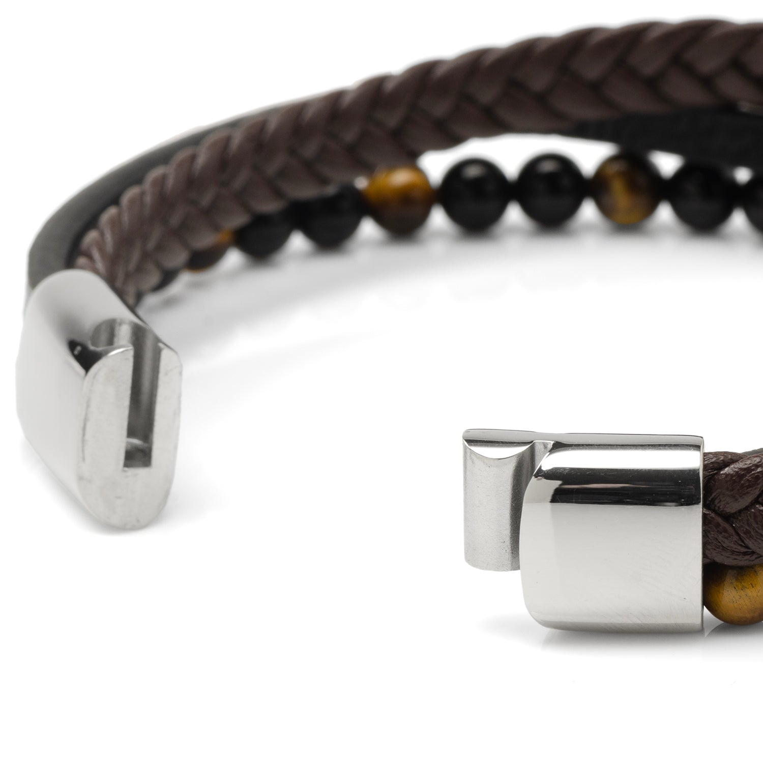 Stainless Steel Stacked Brown Leather Bracelet with Tigers Eye Image 3