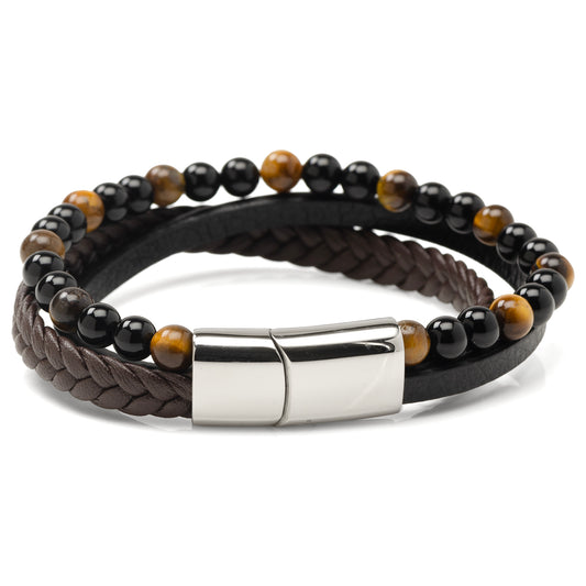 Stainless Steel Stacked Brown Leather Bracelet with Tigers Eye Image 1