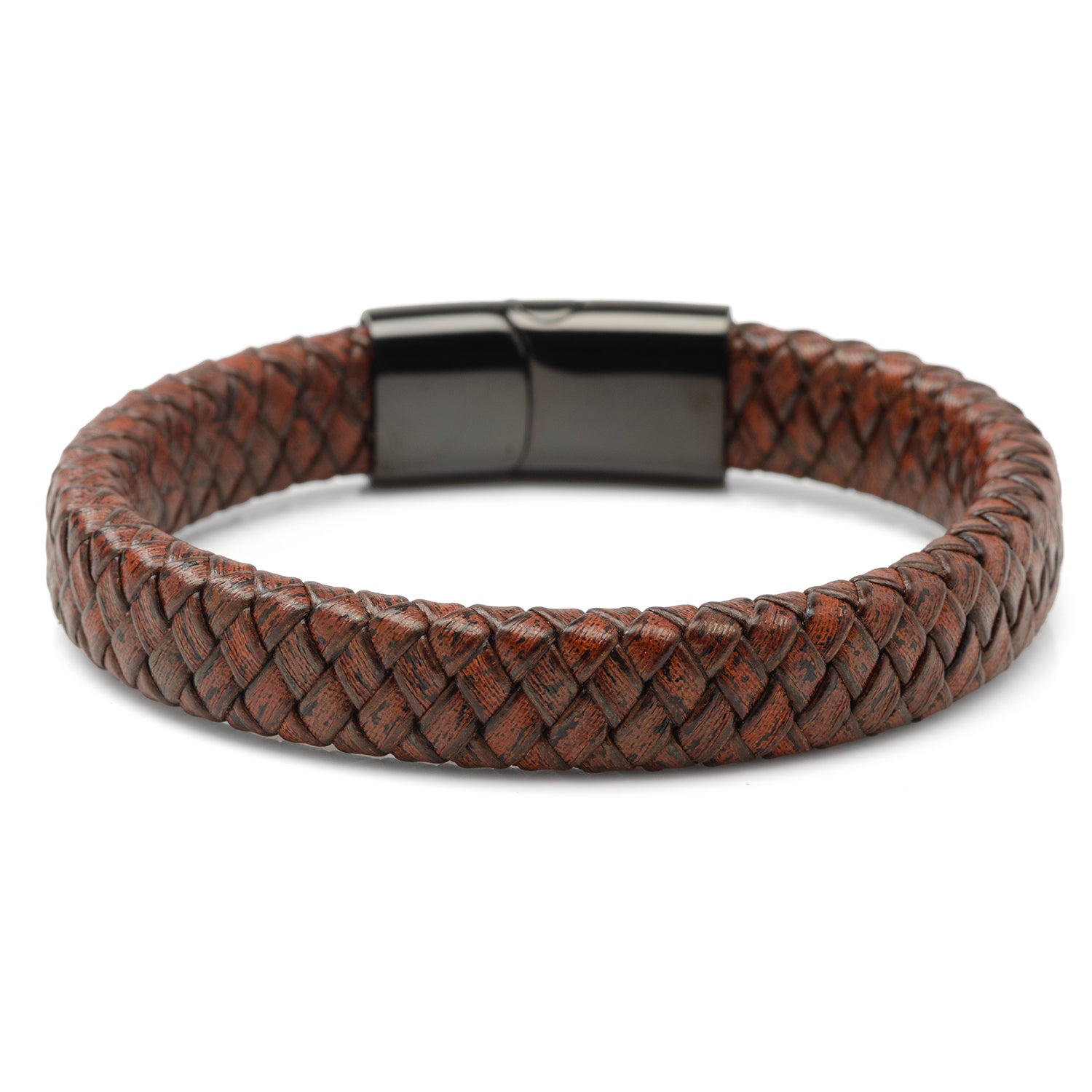 Red Brown Braided Leather Bracelet with Gunmetal Stainless Steel Magnetic Clasp Image 2