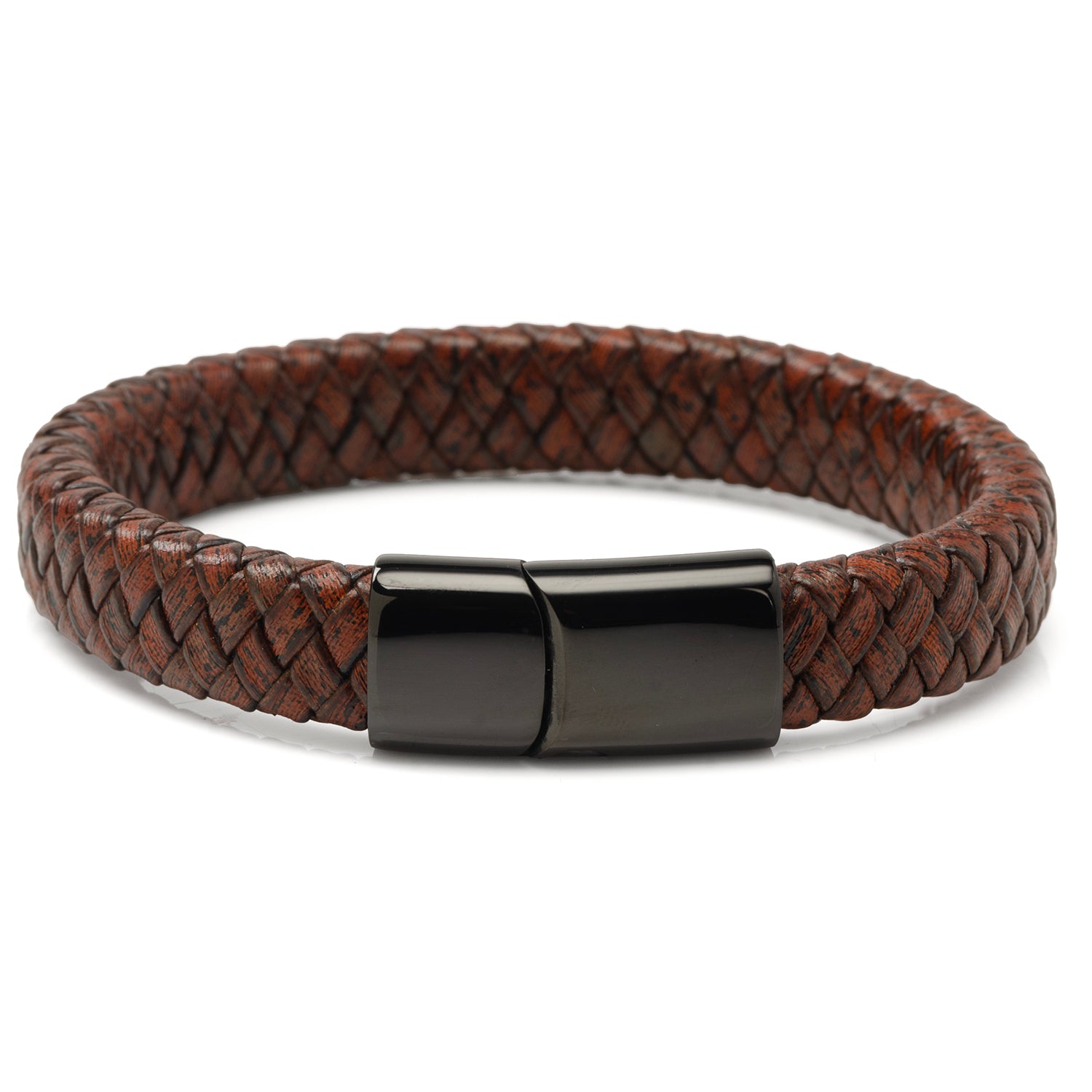 Red Brown Braided Leather Bracelet with Gunmetal Stainless Steel Magnetic Clasp Image 1