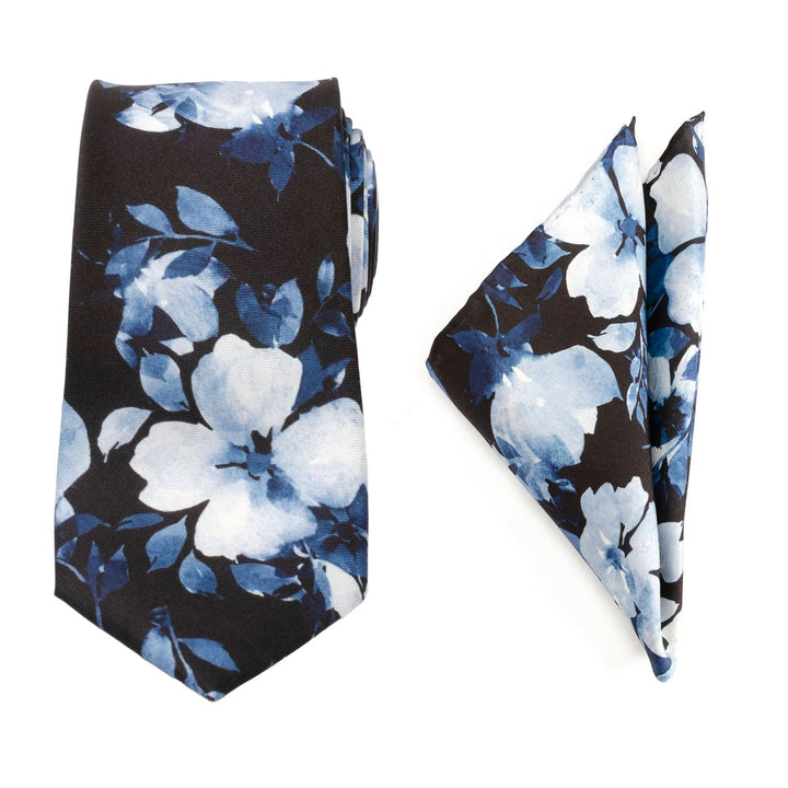 Painted Floral Blue Necktie and Pocket Square Gift Set Image 1