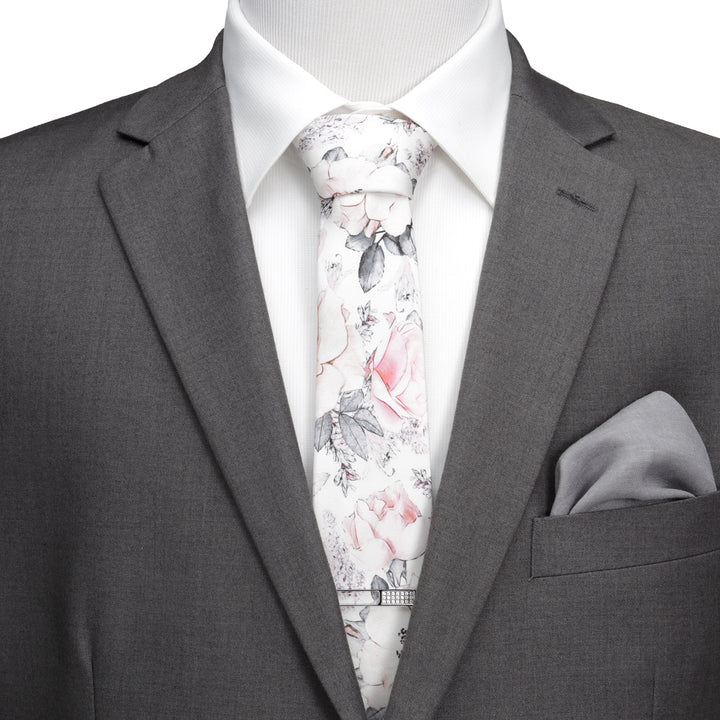 Painted Floral Gray Necktie and Pocket Square Gift Set Image 4