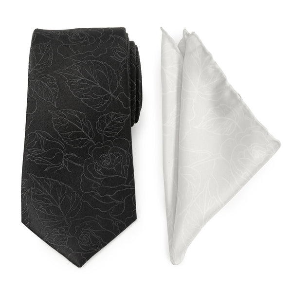 Black Floral Tie and Pocket Square Gift Set Image 1