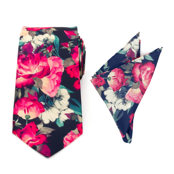 Painted Floral Navy Necktie and Pocket Square Gift Set Image 1