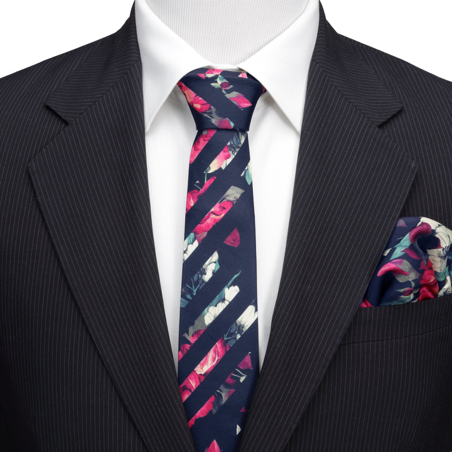 Painted Floral Navy Stripe Silk Men's Tie
 Image 2