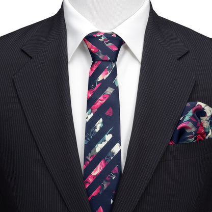 Painted Floral Navy Stripe Silk Men's Tie
 Image 2
