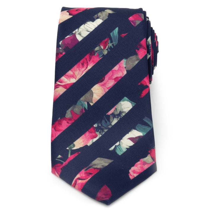 Painted Floral Navy Stripe Silk Men's Tie
 Image 3