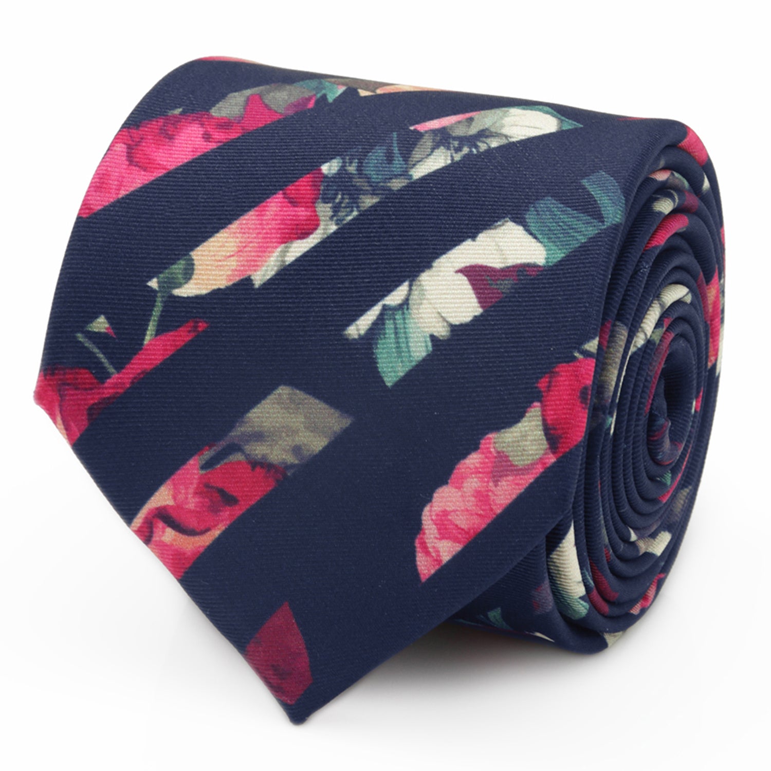 Painted Floral Navy Stripe Silk Men's Tie
 Image 1