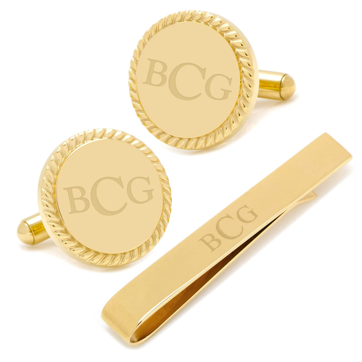Engravable Gold Plated Rope Border Round Cufflinks and Tie Bar Gift Set Image 2