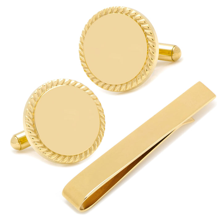 Engravable Gold Plated Rope Border Round Cufflinks and Tie Bar Gift Set Image 1