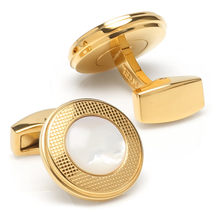 Mother of Pearl Round Gold Stainless Steel Cufflinks Image 2