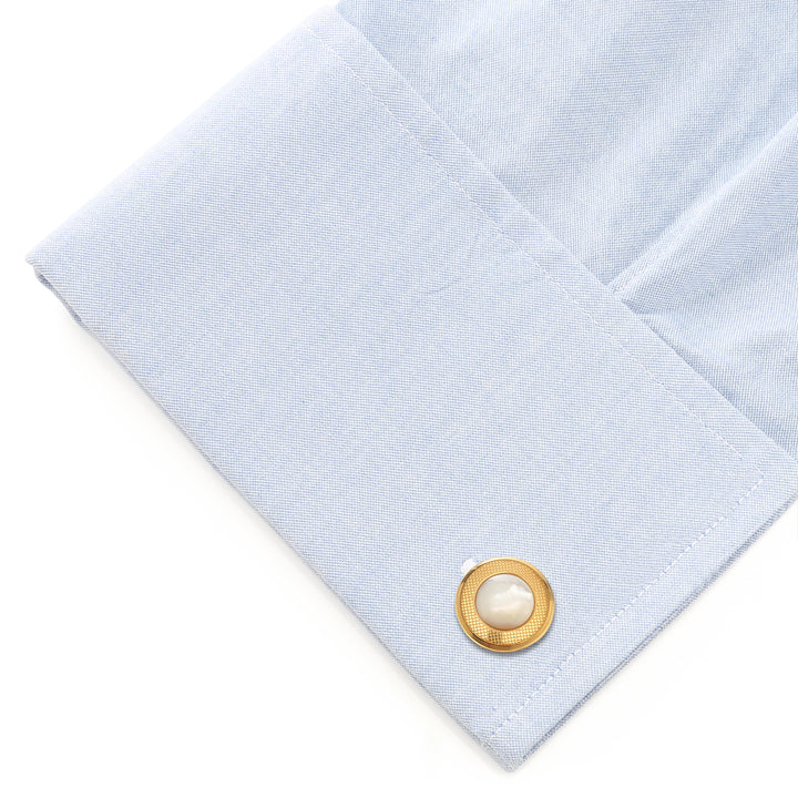 Mother of Pearl Round Gold Stainless Steel Cufflinks Image 3