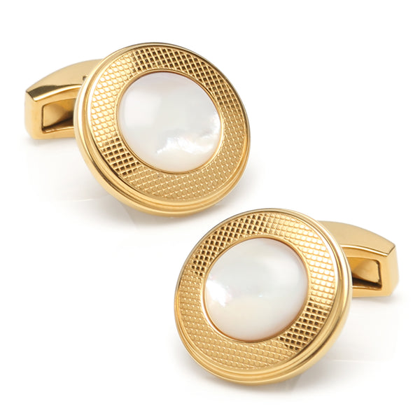 Mother of Pearl Round Gold Stainless Steel Cufflinks Image 1