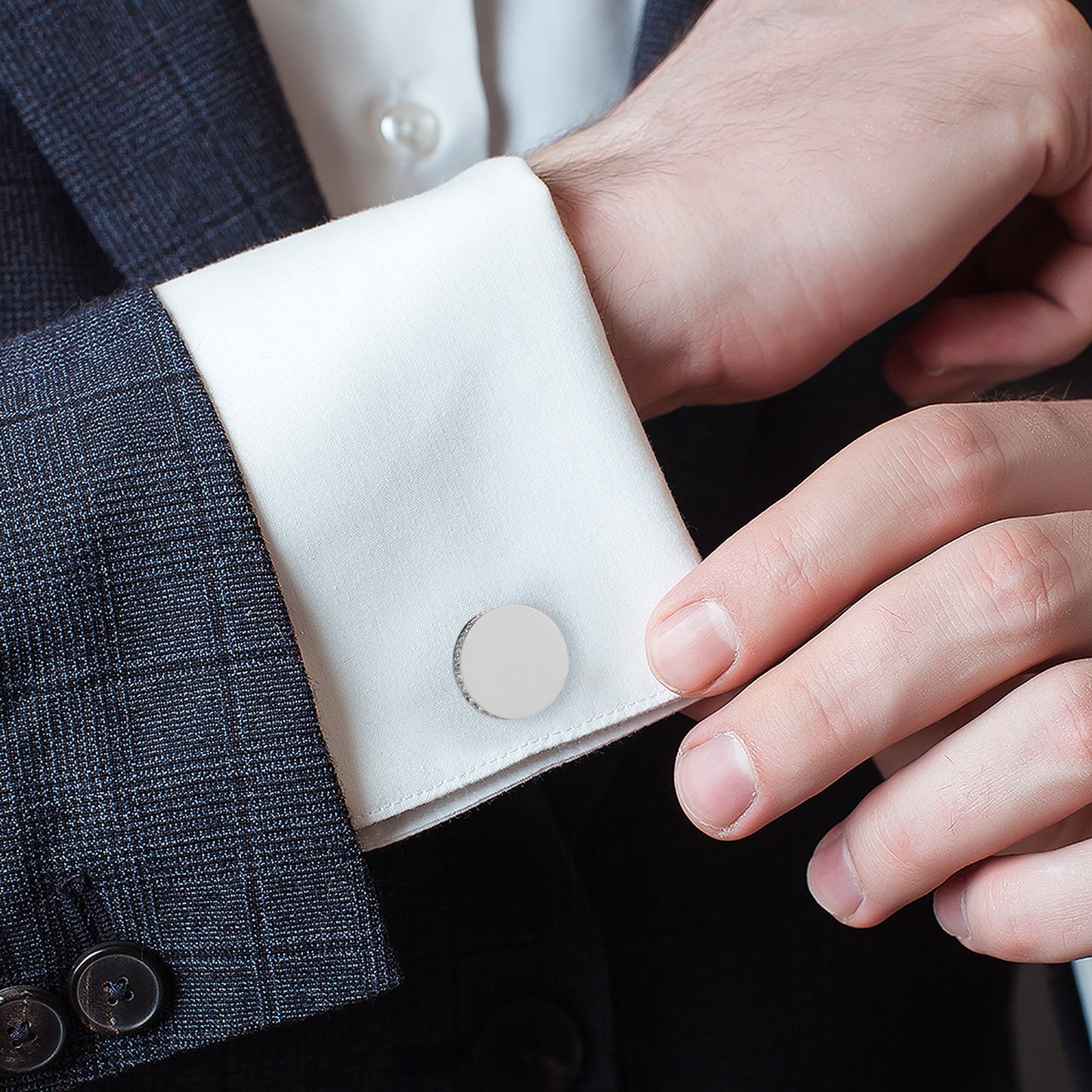 Stainless Steel Engravable Pave Edge Cufflinks Image 2