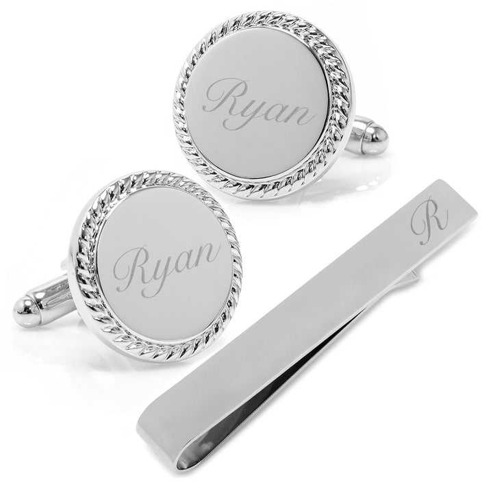 Engravable Rope Border Round Cufflinks and Tie Bar Gift Set Image 2