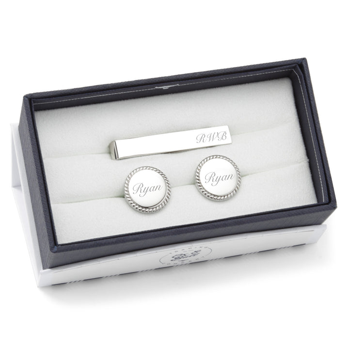Engravable Rope Border Round Cufflinks and Tie Bar Gift Set Image 3
