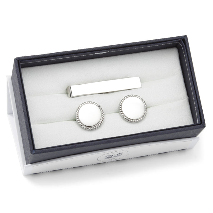 Engravable Rope Border Round Cufflinks and Tie Bar Gift Set Image 4