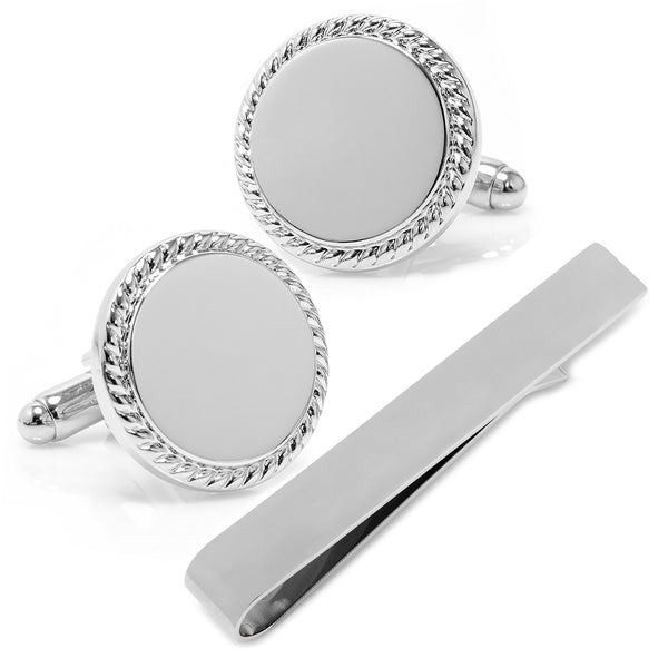 Engravable Rope Border Round Cufflinks and Tie Bar Gift Set Image 1