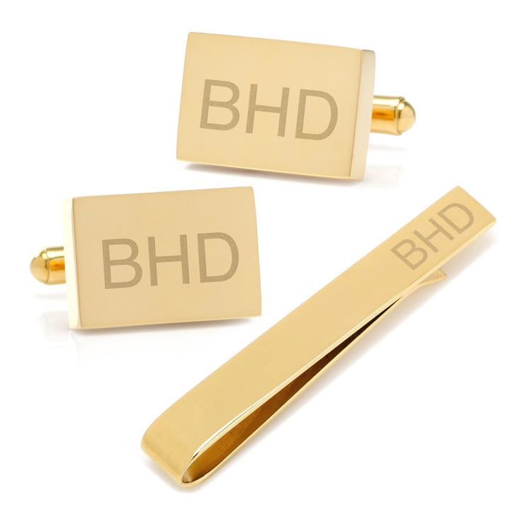 Engravable Rectangle Gold Cufflinks and Tie Bar Gift Set Image 2