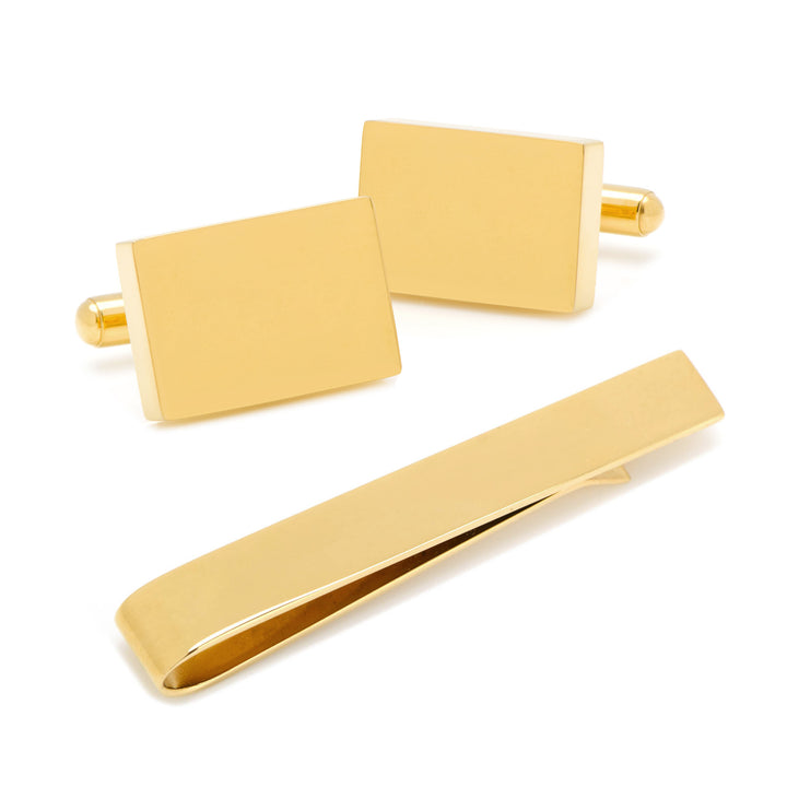 Engravable Rectangle Gold Cufflinks and Tie Bar Gift Set Image 1
