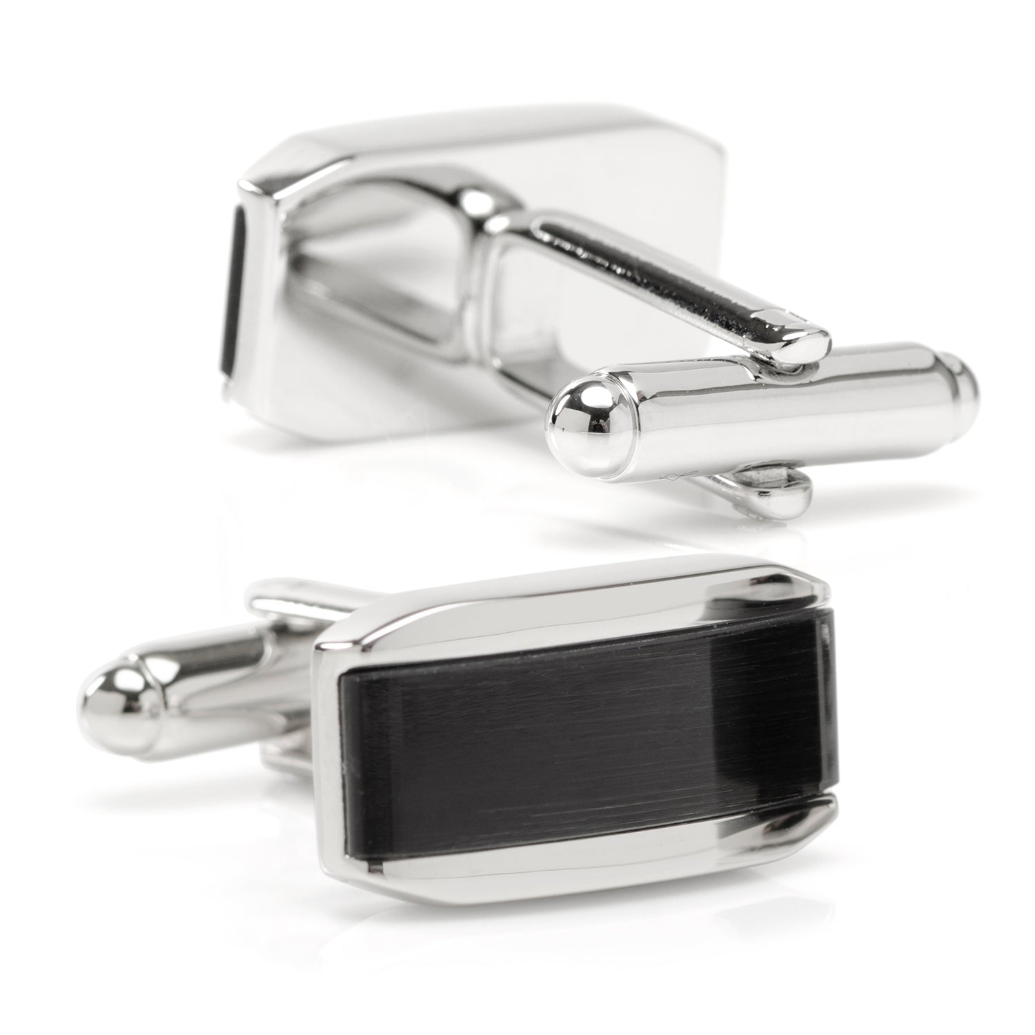 Silver Rectangular Cufflink with Dark Gray Cats Eye Image 2