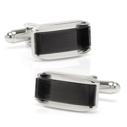 Silver Rectangular Cufflink with Dark Gray Cats Eye Image 1