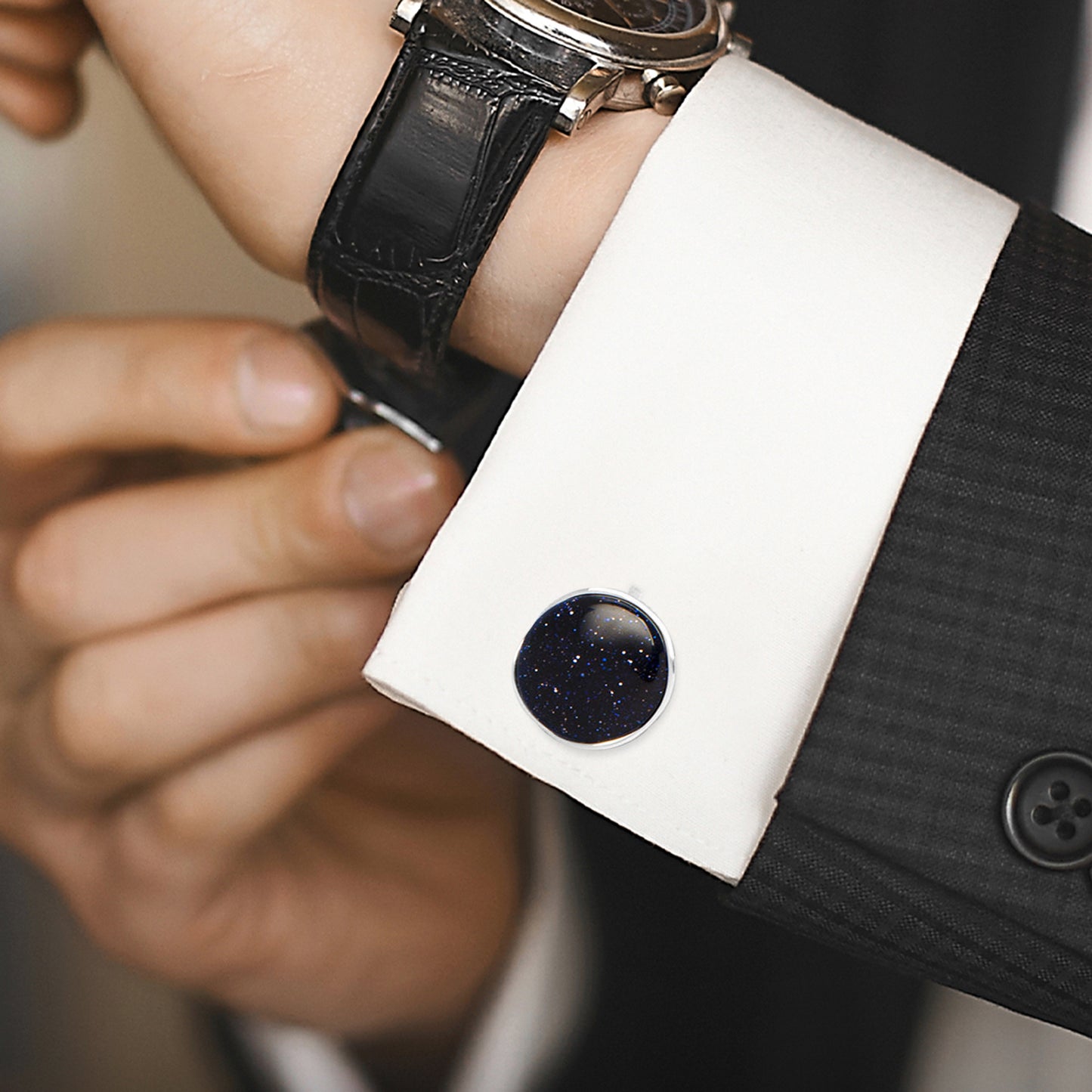 Sterling Silver Classic Round Blue Goldstone Cufflinks Image 5