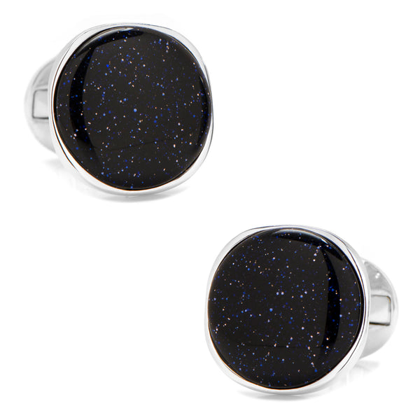 Sterling Silver Classic Round Blue Goldstone Cufflinks Image 1