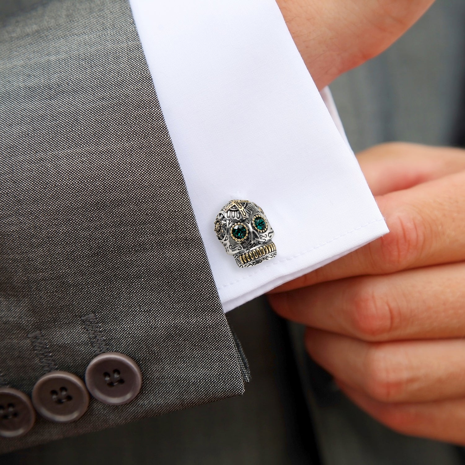 Sterling Silver with 18K Gold Vermeil Day of the Dead Skull Cufflinks Image 2