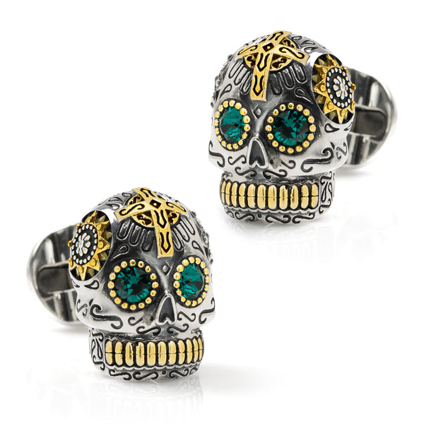 Sterling Silver and Gold Day of the Dead Skull Cufflinks Image 1