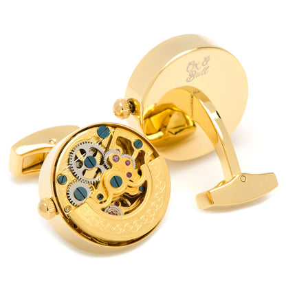 Stainless Steel Gold on Gold Kinetic Watch Movement Cufflinks Image 3