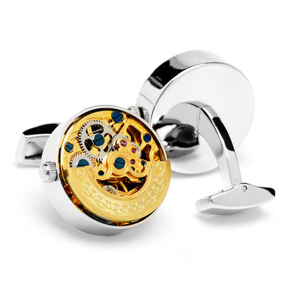Stainless Steel Gold with Silver Kinetic Watch Movement Cufflinks Image 2