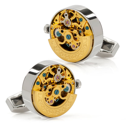 Stainless Steel Gold with Silver Kinetic Watch Movement Cufflinks Image 4