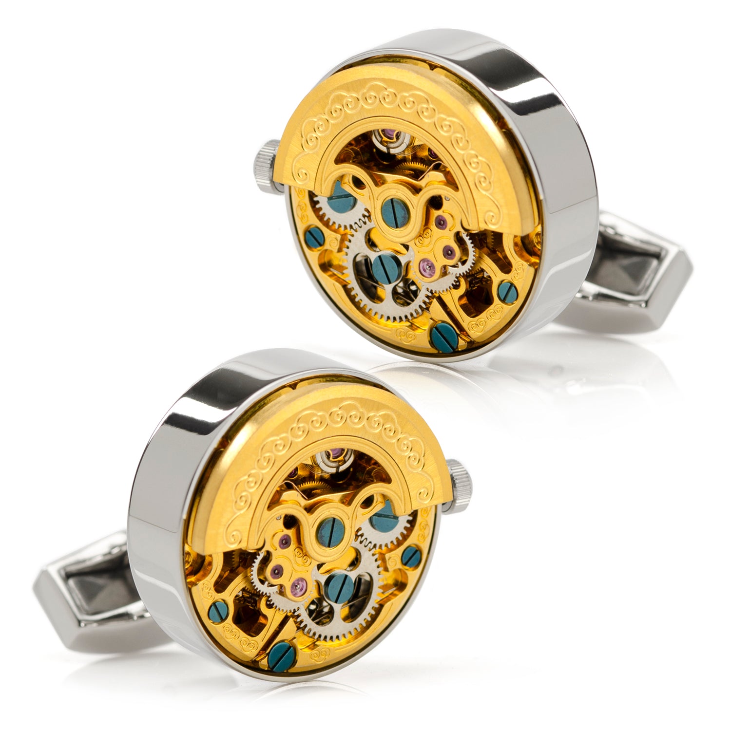 Stainless Steel Gold with Silver Kinetic Watch Movement Cufflinks Image 5