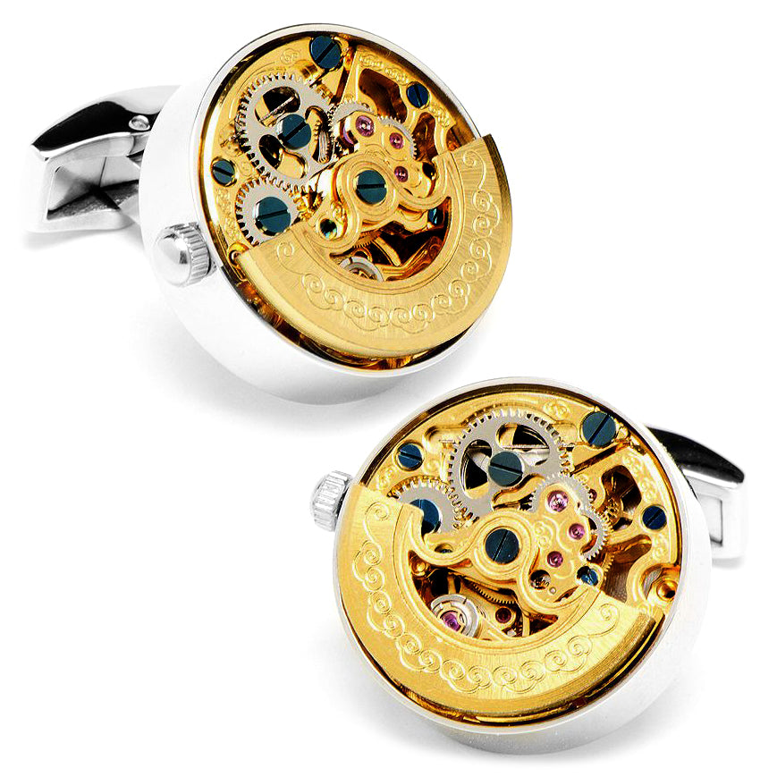 Stainless Steel Gold with Silver Kinetic Watch Movement Cufflinks Image 1