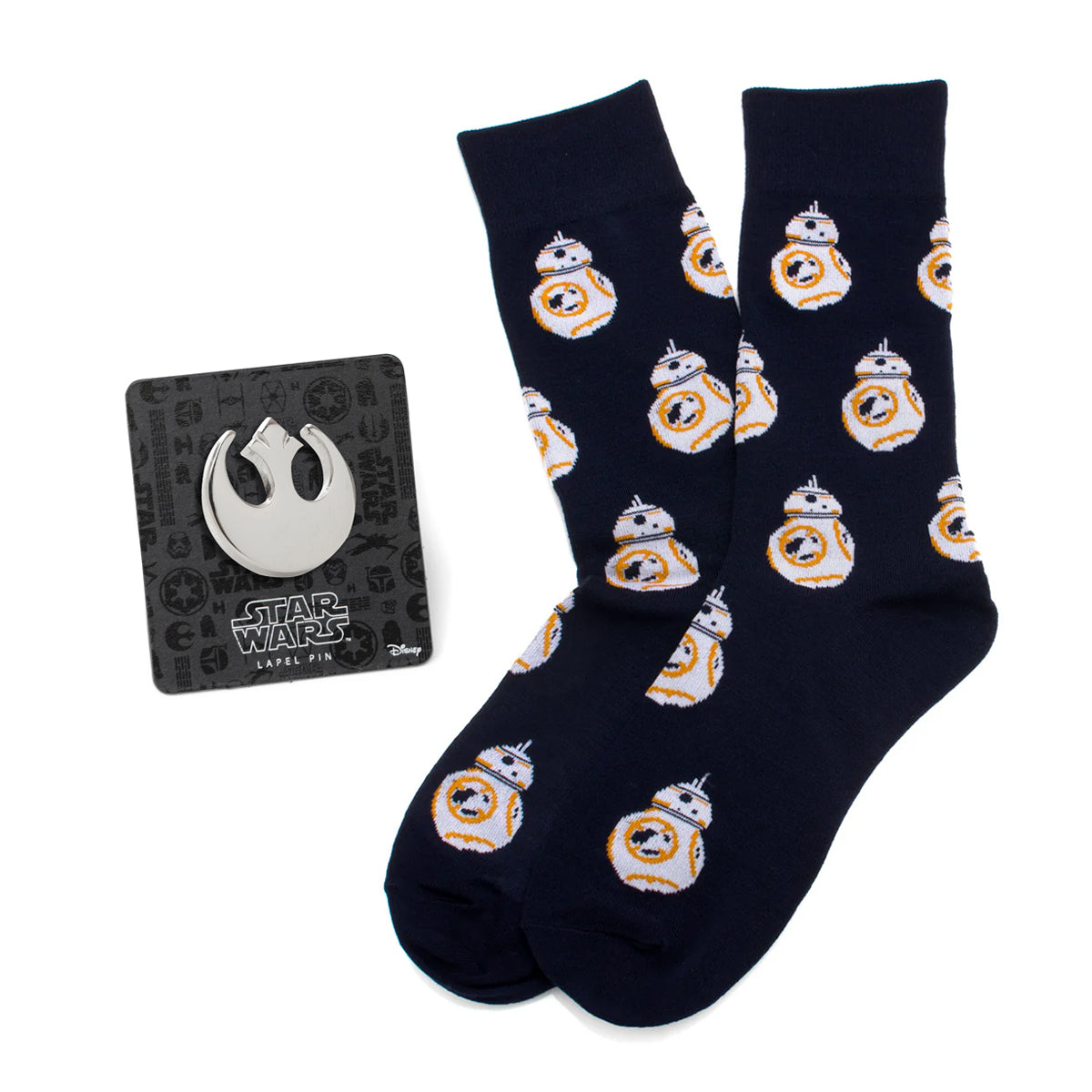 Star Wars BB-8 Navy Dress Socks and Rebel Alliance Starbird Crest Lapel Pin Gift Set Image 1