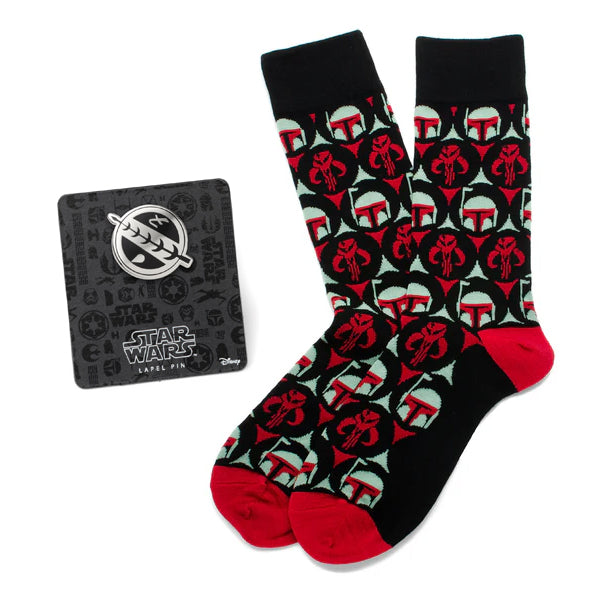 Star Wars Boba Fett and Mythosaur Black and Red Dress Socks and Crest Lapel Pin Gift Set Image 1