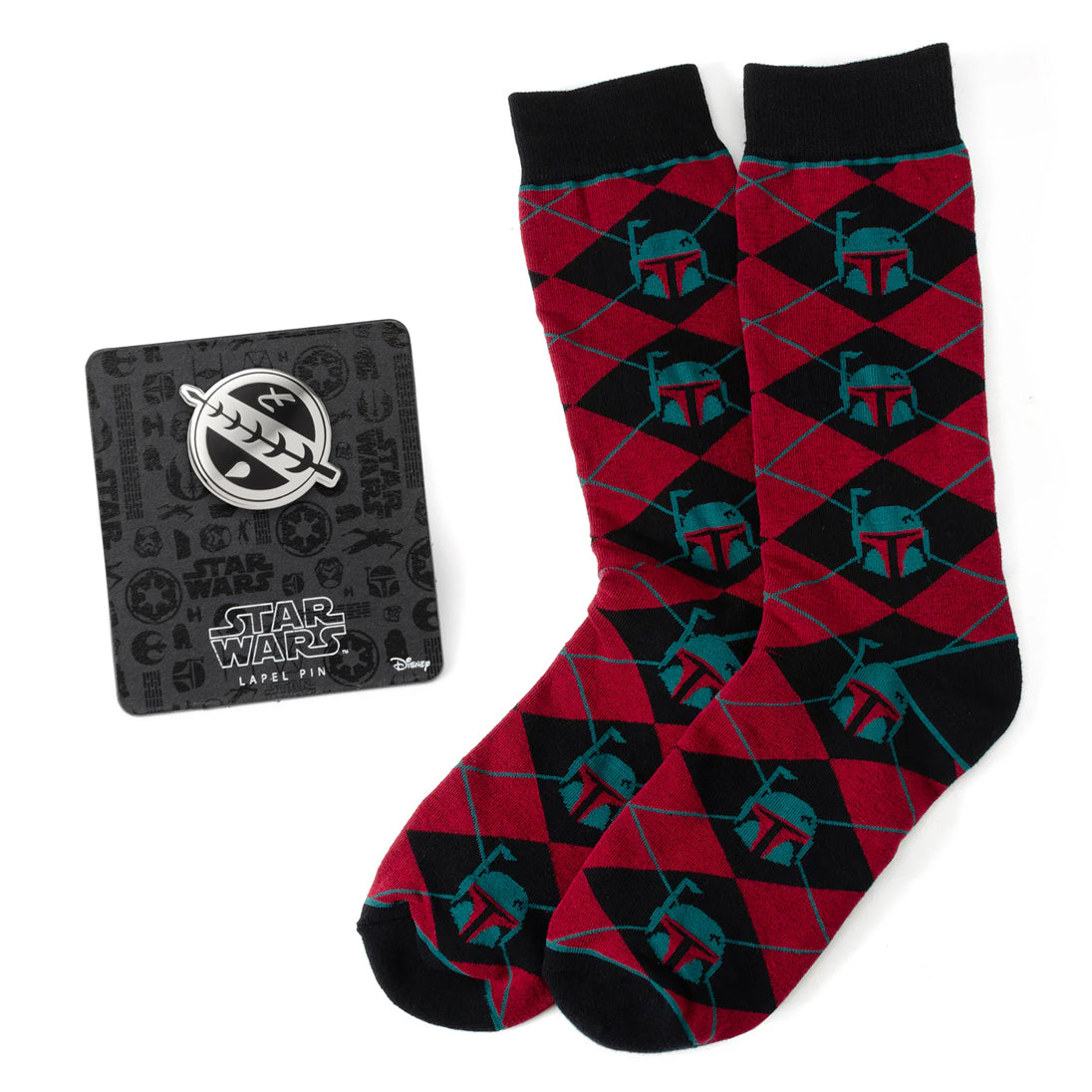 Star Wars Boba Fett Maroon and Black Argyle Socks and Crest Lapel Pin Gift Set Image 1