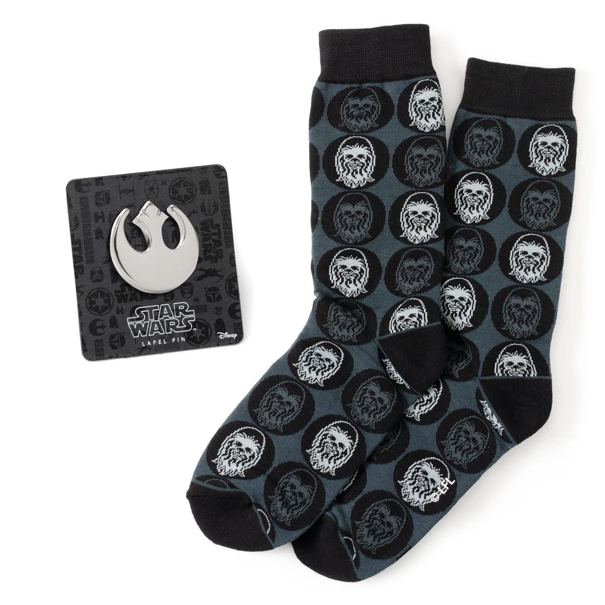 Star Wars Chewbacca Black Dress Socks and Rebel Alliance Starbird Crest Lapel Pin Gift Set Image 1