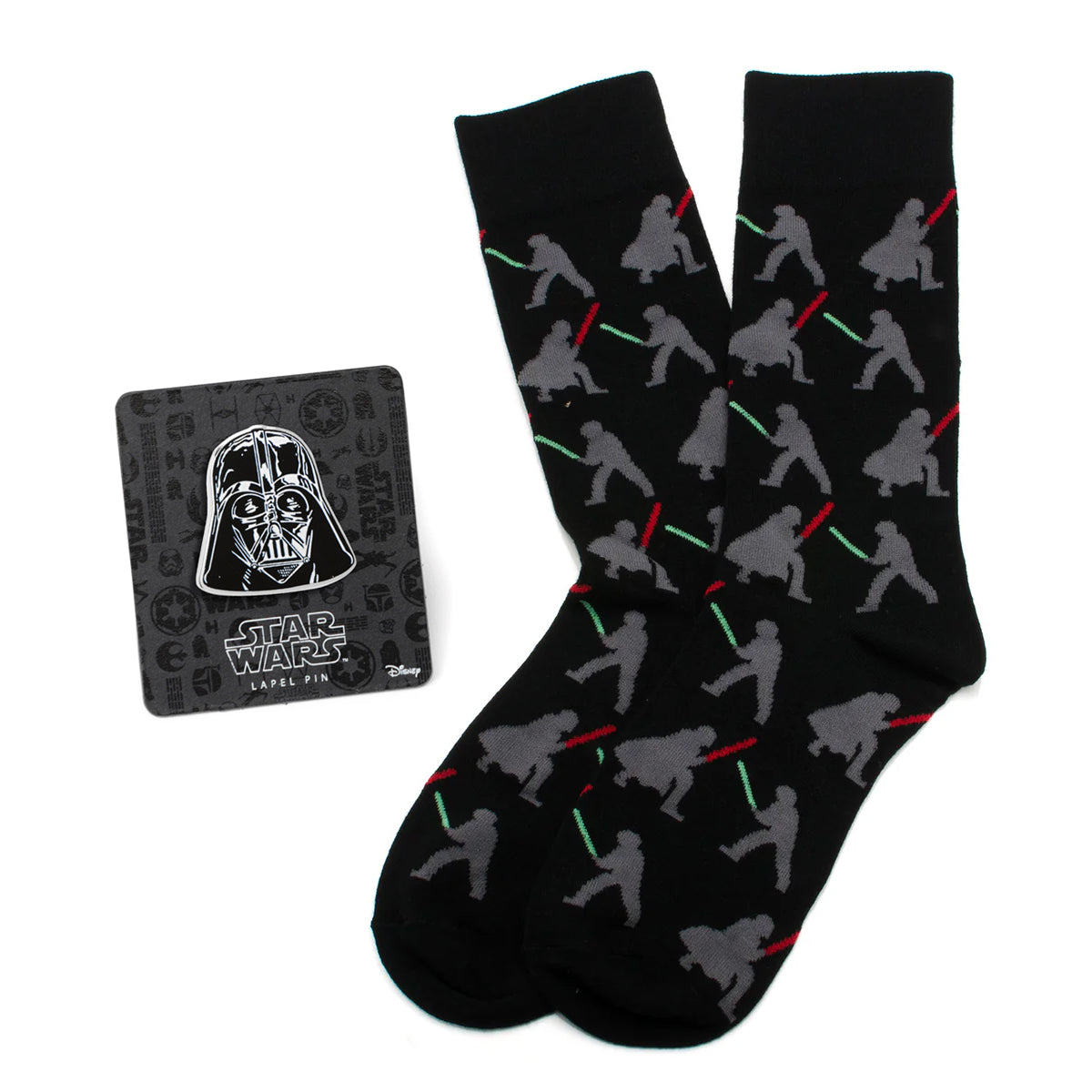 Star Wars Darth Vader and Luke Skywalker LIGHTSABER Battle Black Dress Socks and Darth Vader Lapel Pin Gift Set Image 1