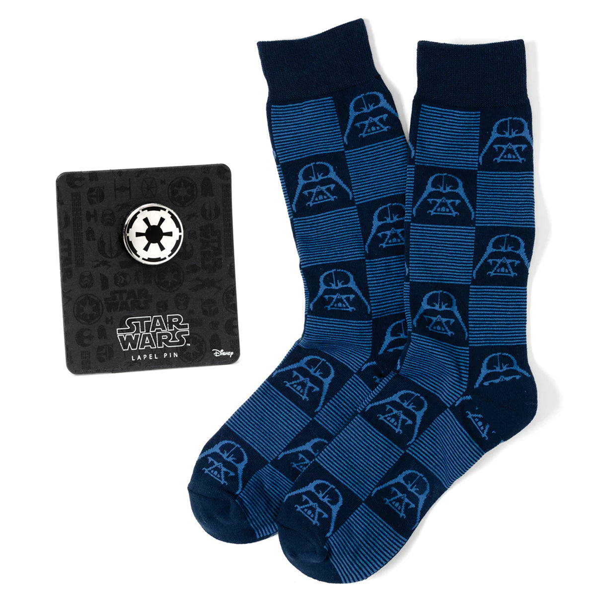 Star Wars Darth Vader Navy and Black Checkered Socks with Imperial Crest Lapel Pin Gift Set Image 1