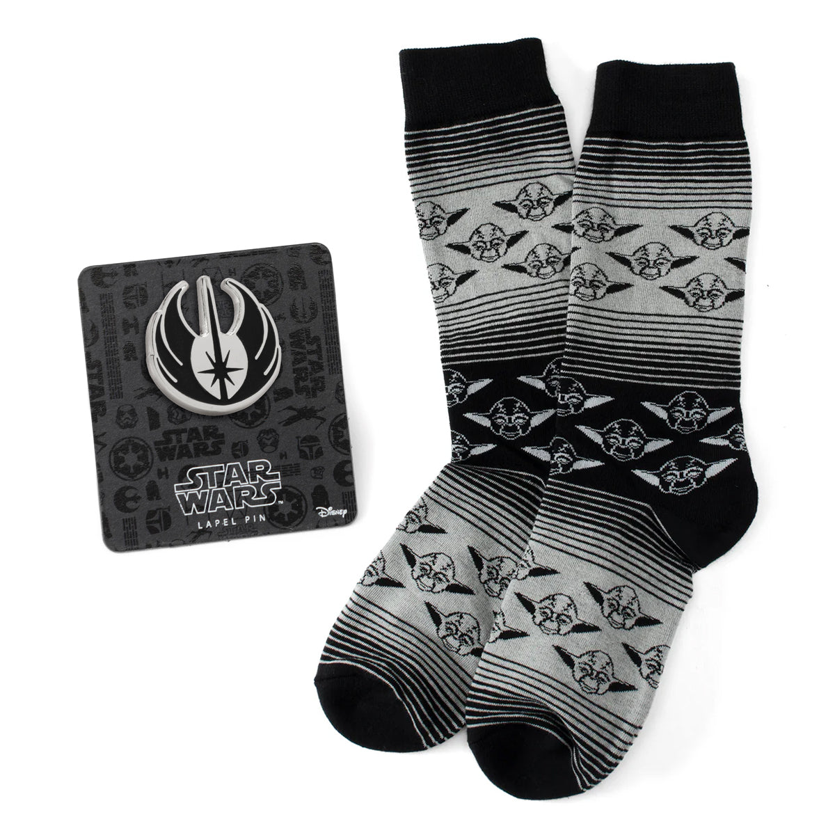 Star Wars Yoda Gray and Black Ombre Pattern Dress Socks with Jedi Crest Lapel Pin Image 1