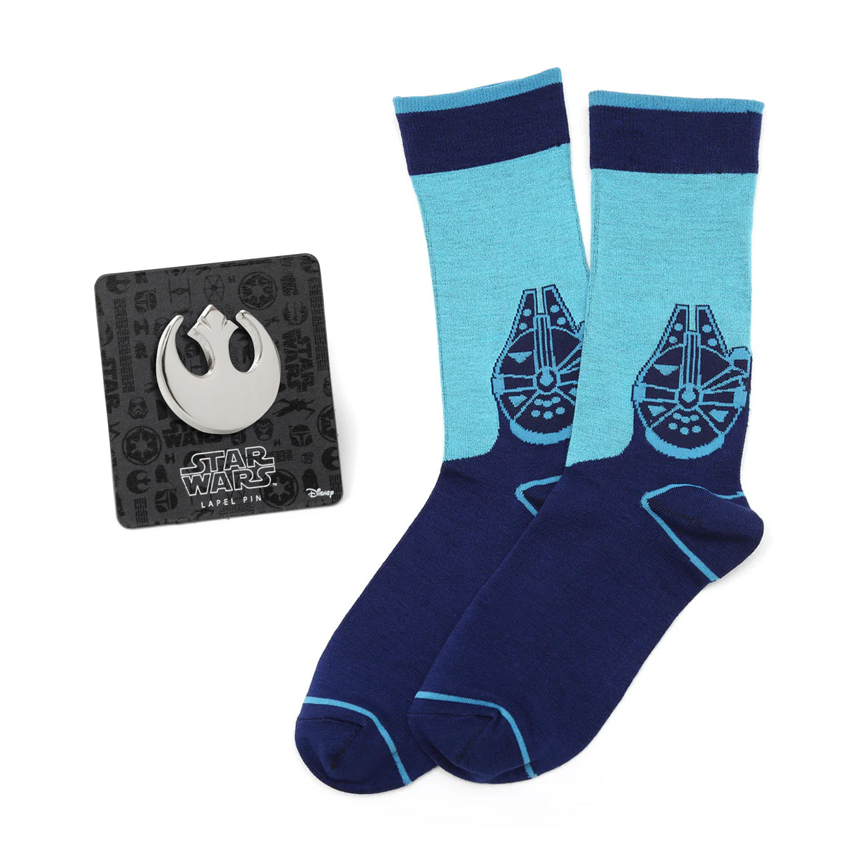 Star Wars Millennium Falcon Blue Mod Dress Socks and Rebel Crest Lapel Pin Gift Set Image 1